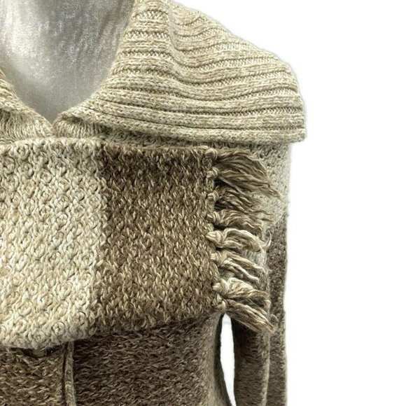 Color Block Turned Down Collar Fringed Cardigan Sweater Button Front Tan Brown S - Picture 4 of 8